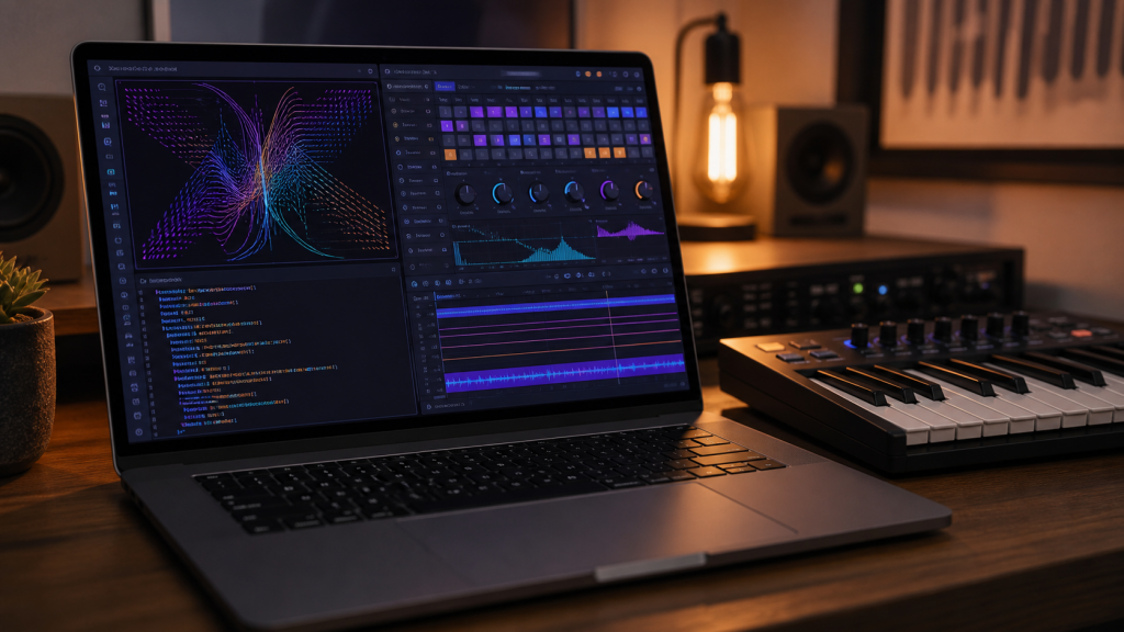 패턴 코드와 MIDI 시퀀서로 음악을 만드는 작업 화면