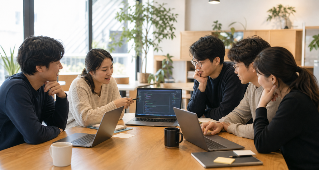 카페형 공유오피스에서 토론하는 바이브코딩 스터디 모임